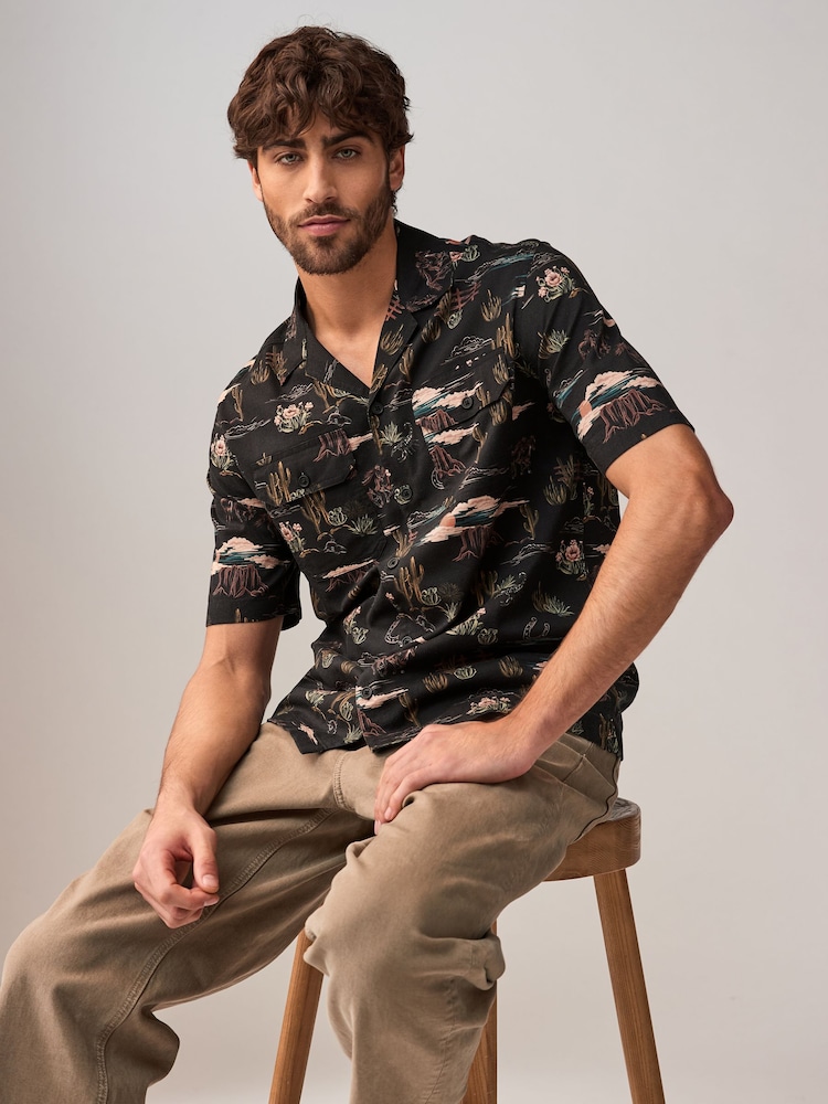 Black Western Style Printed Short Sleeve Shirt With Cuban Collar - Image 3 of 9