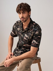 Black Western Style Printed Short Sleeve Shirt With Cuban Collar - Image 4 of 9