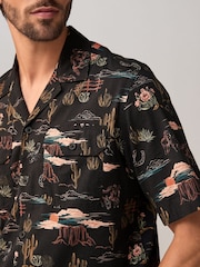 Black Western Style Printed Short Sleeve Shirt With Cuban Collar - Image 6 of 9
