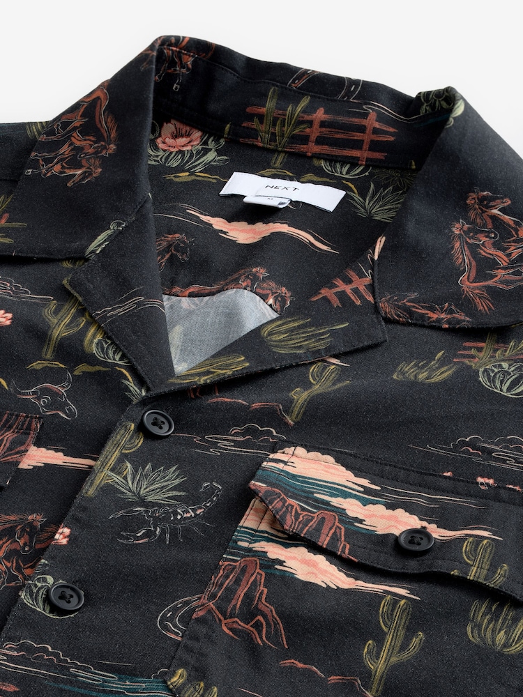 Black Western Style Printed Short Sleeve Shirt With Cuban Collar - Image 8 of 9