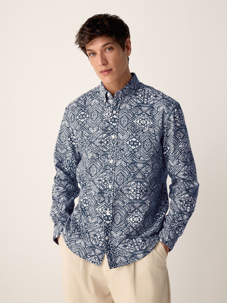 Navy Blue Long Sleeve Printed Shirt - Image 1 of 6