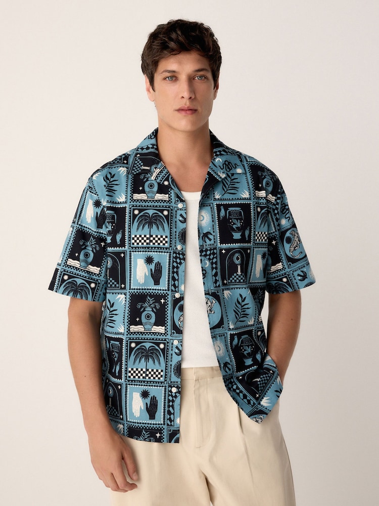 Blue Short Sleeve Tile Printed Shirt - Image 1 of 9