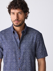 Navy Blue Printed Tile Short Sleeve 100% Cotton Shirt - Image 1 of 9
