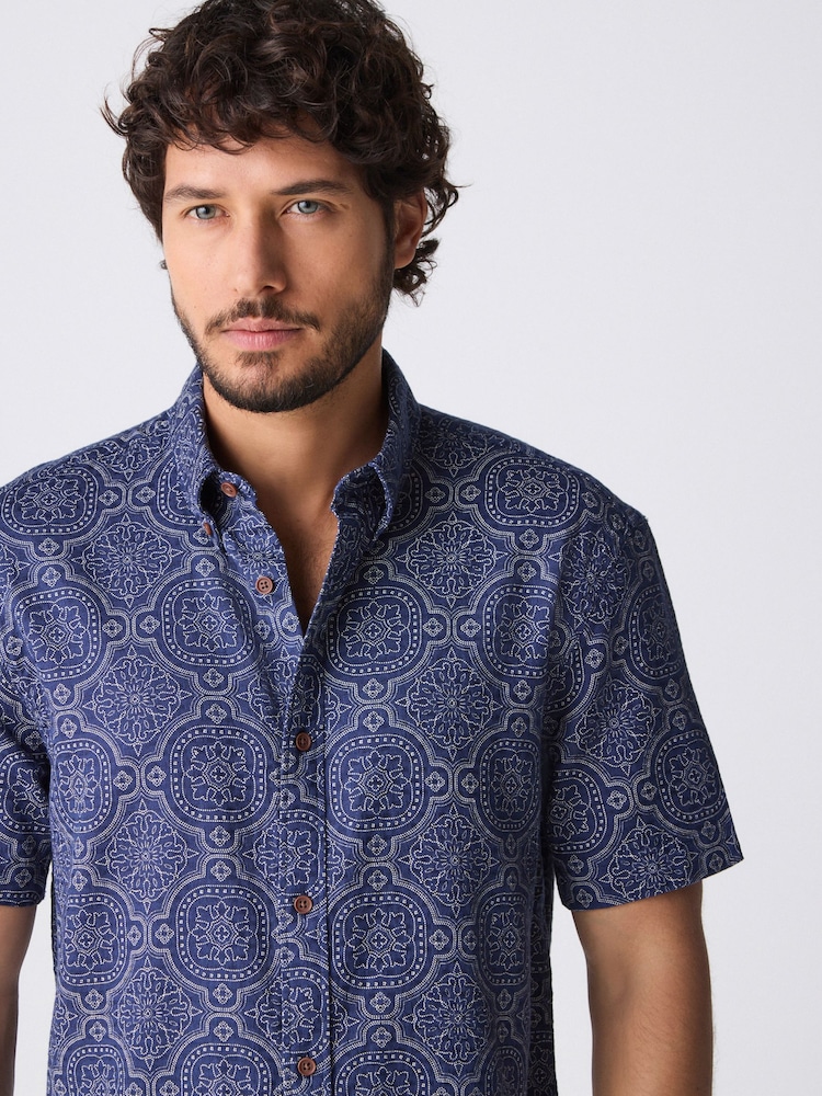 Navy Blue Printed Tile Short Sleeve 100% Cotton Shirt - Image 1 of 9