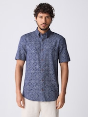 Navy Blue Printed Tile Short Sleeve 100% Cotton Shirt - Image 2 of 9