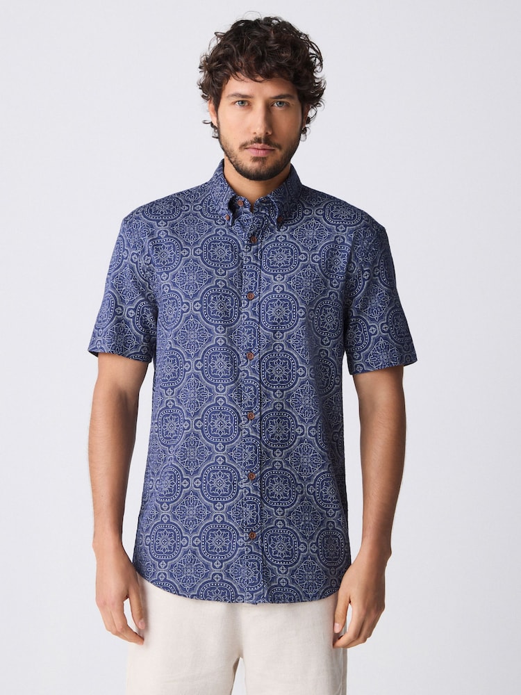 Navy Blue Printed Tile Short Sleeve 100% Cotton Shirt - Image 2 of 9