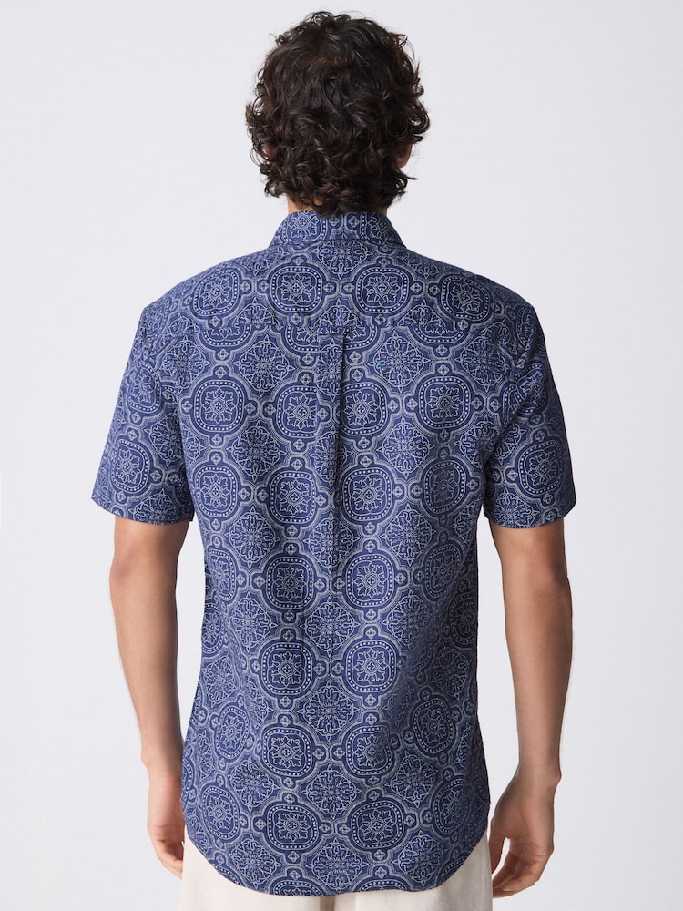 Navy Blue Printed Tile Short Sleeve 100% Cotton Shirt - Image 3 of 9