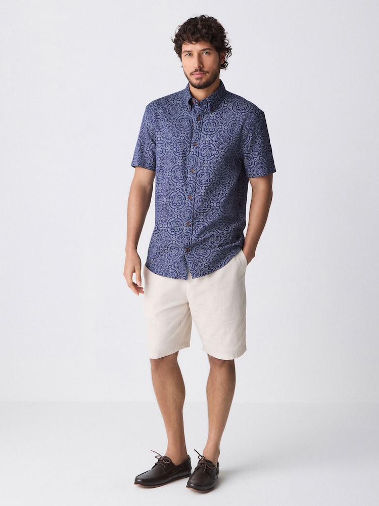 Navy Blue Printed Tile Short Sleeve 100% Cotton Shirt - Image 4 of 9