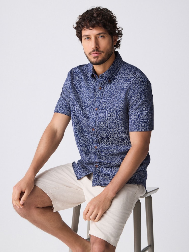 Navy Blue Printed Tile Short Sleeve 100% Cotton Shirt - Image 5 of 9