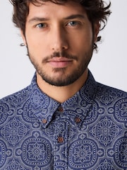Navy Blue Printed Tile Short Sleeve 100% Cotton Shirt - Image 6 of 9