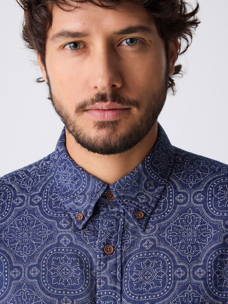 Navy Blue Printed Tile Short Sleeve 100% Cotton Shirt - Image 6 of 9