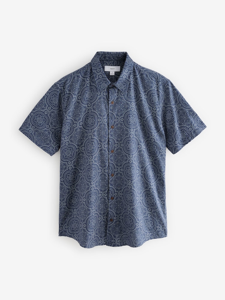 Navy Blue Printed Tile Short Sleeve 100% Cotton Shirt - Image 7 of 9