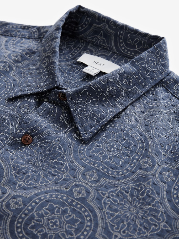 Navy Blue Printed Tile Short Sleeve 100% Cotton Shirt - Image 8 of 9