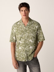 Green/White Western Style Printed Short Sleeve Shirt With Cuban Collar - Image 1 of 5
