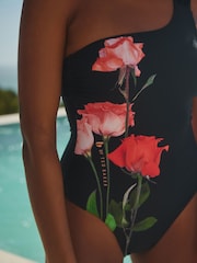 B by Ted Baker Tummy Control One Shoulder Black Floral Print Swimsuit - Image 2 de 4