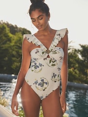 B by Ted Baker Tummy Control Frill Bardot White Floral Print Swimsuit - Image 1 of 5