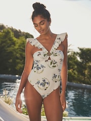 B by Ted Baker Tummy Control Frill Bardot White Floral Print Swimsuit - Image 2 of 5