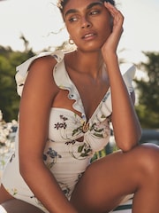 B by Ted Baker Tummy Control Frill Bardot White Floral Print Swimsuit - Image 3 of 5