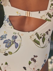 B by Ted Baker Tummy Control Frill Bardot White Floral Print Swimsuit - Image 4 of 5