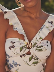 B by Ted Baker Tummy Control Frill Bardot White Floral Print Swimsuit - Image 5 of 5