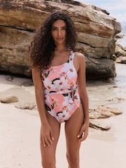 B by Ted Baker Coral Pink Floral Tummy Control One Shoulder Swimsuit - Image 2 of 5