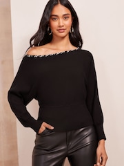 Friends Like These Black Embellished Off The Shoulder Jumper - Image 1 of 4