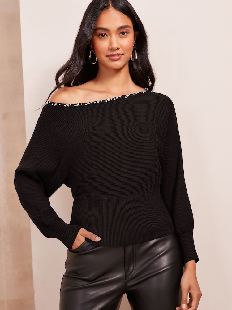 Friends Like These Black Embellished Off The Shoulder Jumper - Image 1 of 4