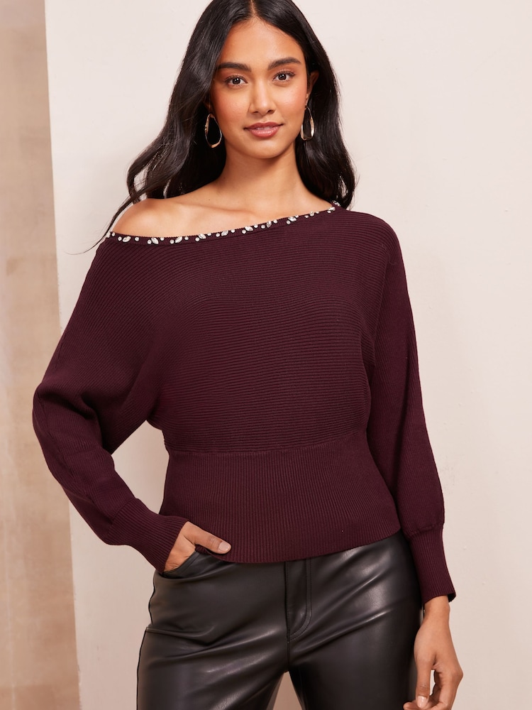 Friends Like These Red Embellished Off The Shoulder Jumper - Image 1 of 4