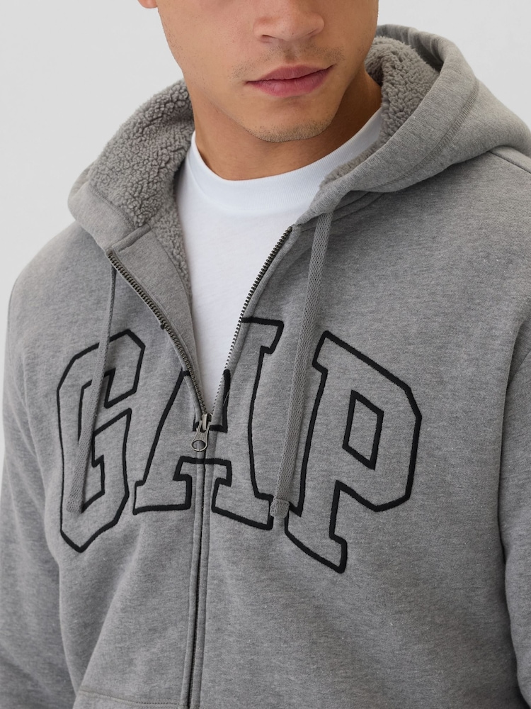 Gap Light Grey Logo Sherpa-Lined Zip Up Hoodie d - Image 4 of 5