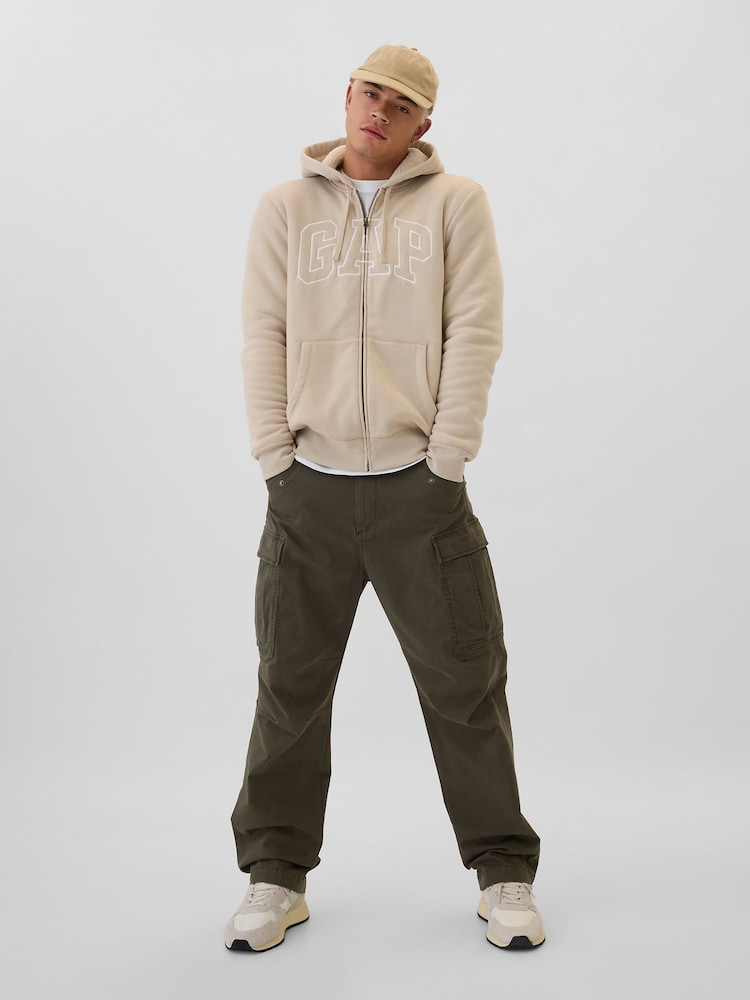 Gap Beige Logo Sherpa-Lined Zip Up Hoodie d - Image 3 of 5