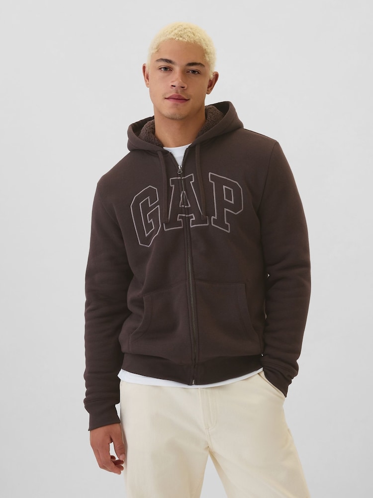 Gap Brown Logo Sherpa-Lined Zip Up Hoodie d - Image 1 of 5