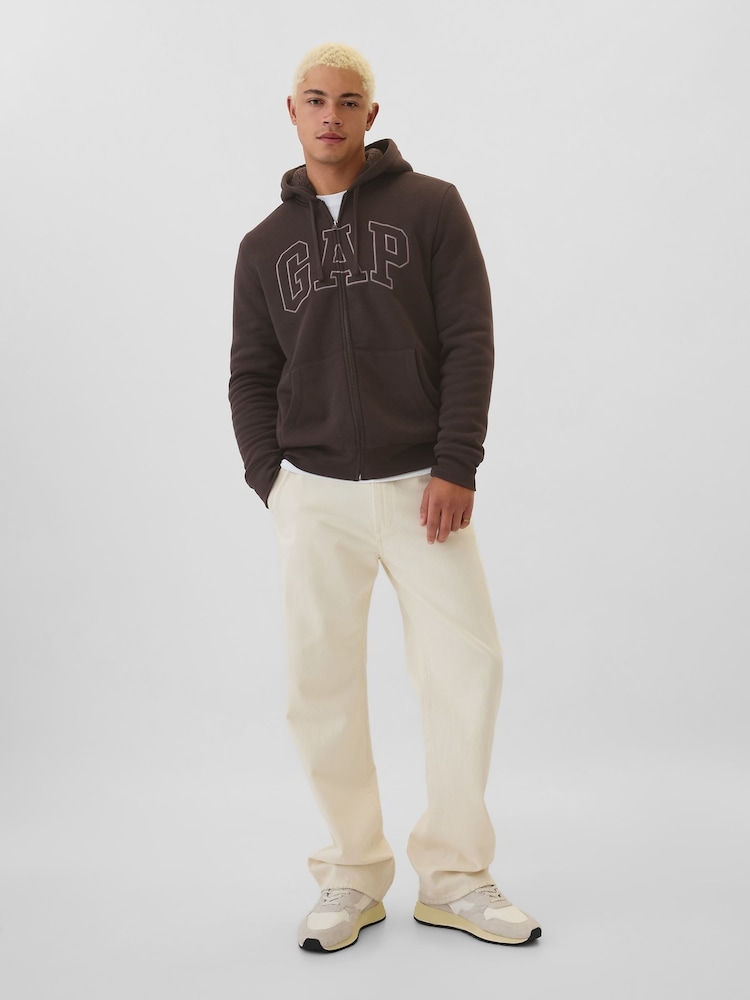 Gap Brown Logo Sherpa-Lined Zip Up Hoodie d - Image 3 of 5