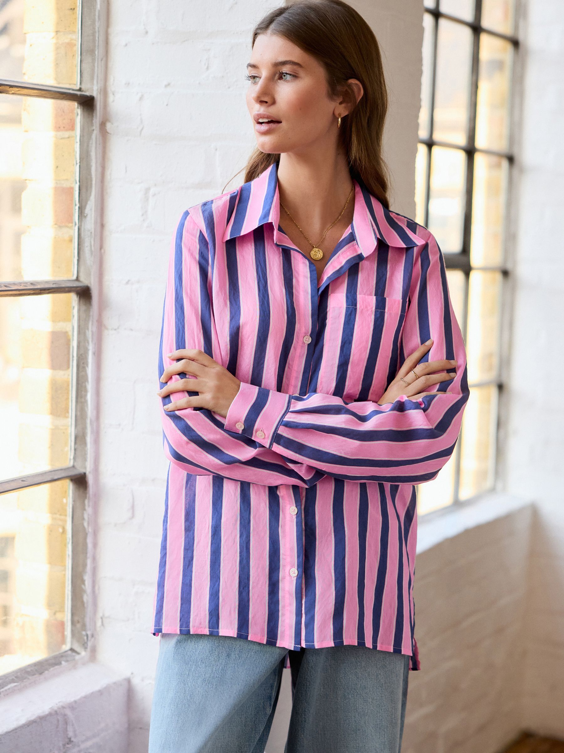 Buy Pink/Navy Stripe Long Sleeve Lightweight Button Down