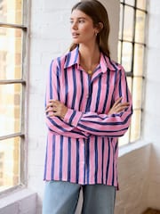 Pink/Navy Stripe Long Sleeve Lightweight Button Down Shirt - Image 2 of 8