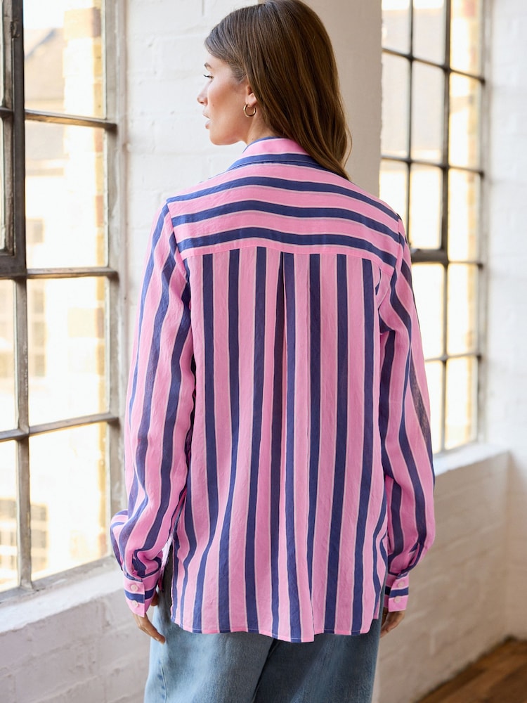 Pink/Navy Stripe Long Sleeve Lightweight Button Down Shirt - Image 3 of 8