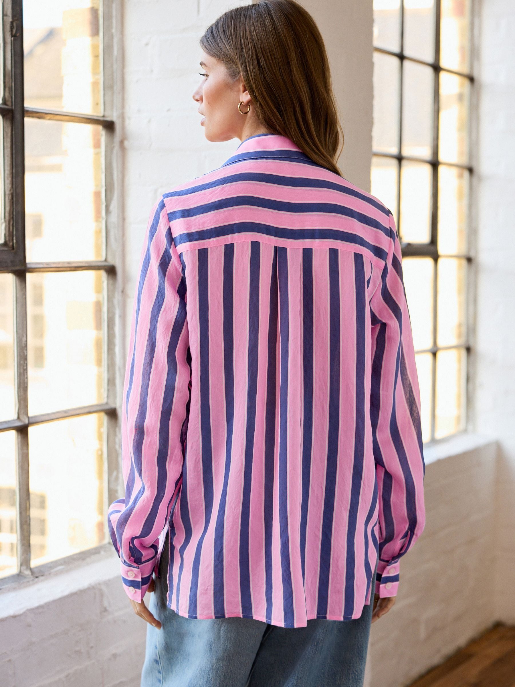 Buy Pink/Navy Stripe Long Sleeve Lightweight Button Down Shirt