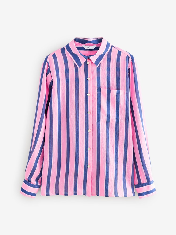 Pink/Navy Stripe Long Sleeve Lightweight Button Down Shirt - Image 6 of 8