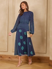 Love & Roses Blue Chiffon Godet Skirt Midi Dress - Image 1 of 4