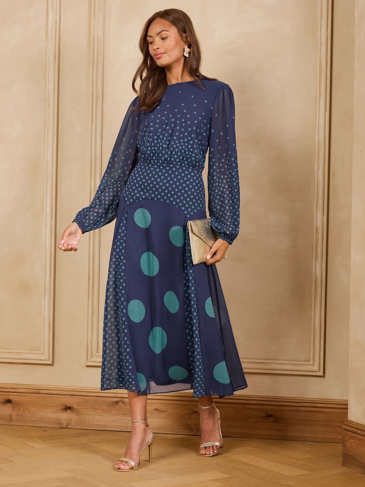 Love & Roses Blue Chiffon Godet Skirt Midi Dress - Image 1 of 4 Love & Roses Blue Chiffon Godet Skirt Midi Dress - Image 1 of 4