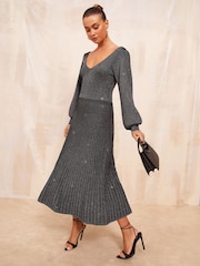 Friends Like These Grey Petite V Neck Metallic Knitted Dress - Image 1 of 5