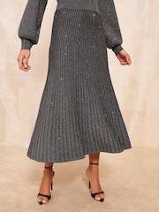 Friends Like These Grey Petite V Neck Metallic Knitted Dress - Image 2 of 5