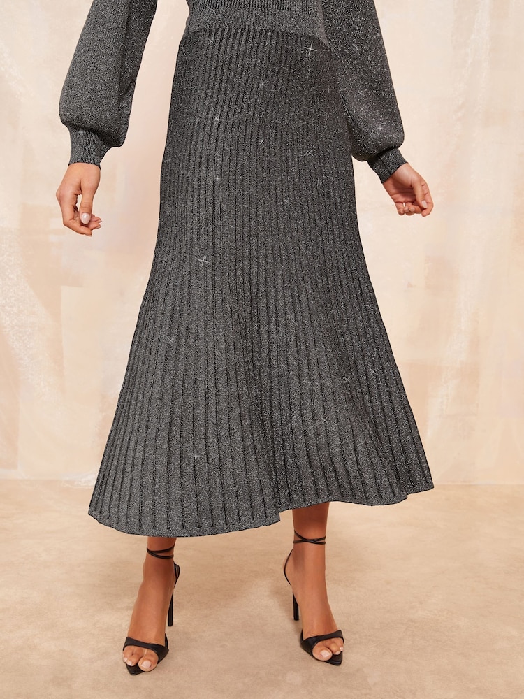 Friends Like These Grey Petite V Neck Metallic Knitted Dress - Image 2 of 5