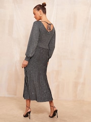 Friends Like These Grey Petite V Neck Metallic Knitted Dress - Image 3 of 5