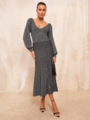 Friends Like These Grey Petite V Neck Metallic Knitted Dress - Image 4 of 5