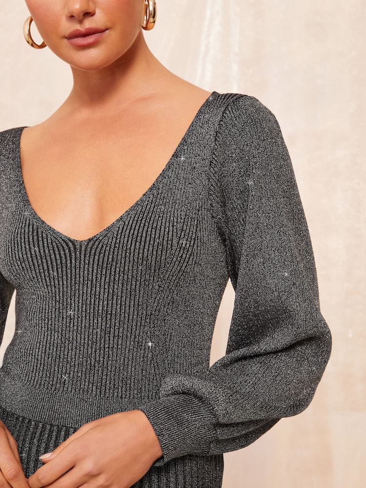 Friends Like These Grey Petite V Neck Metallic Knitted Dress - Image 5 of 5