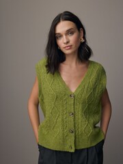 Green Olive Sleeveless Button Through Cable Knitted Waistcoat - Image 1 of 8