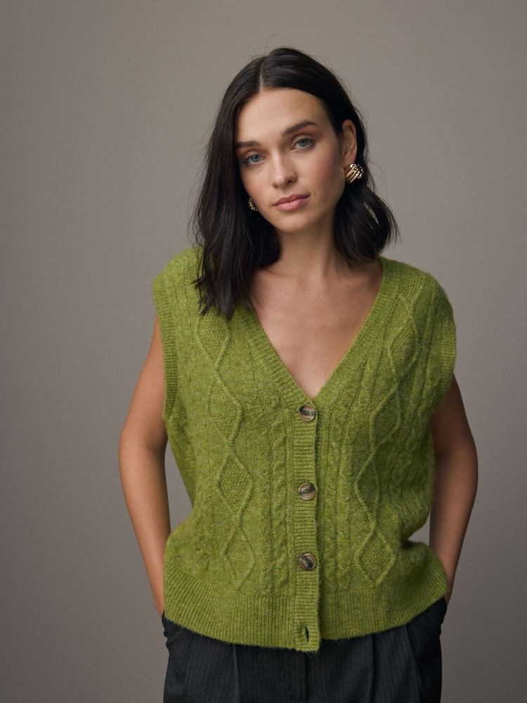 Green Olive Sleeveless Button Through Cable Knitted Waistcoat - Image 1 of 8