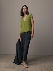 Green Olive Sleeveless Button Through Cable Knitted Waistcoat - Image 3 of 8