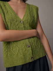 Green Olive Sleeveless Button Through Cable Knitted Waistcoat - Image 5 of 8