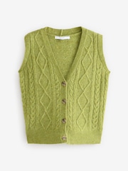 Green Olive Sleeveless Button Through Cable Knitted Waistcoat - Image 6 of 8